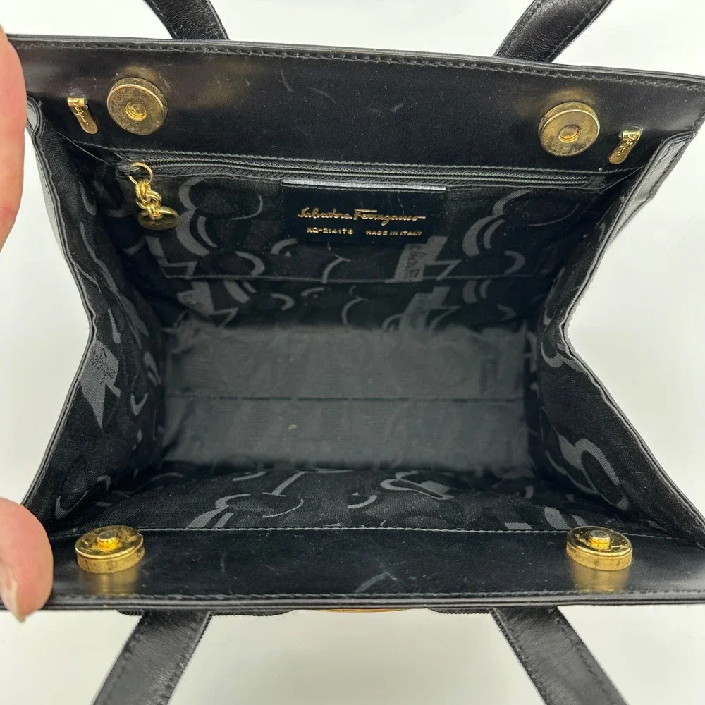 Salvatore Ferragamo Vintage Vara Ribbon Top Handle Bag Black Calfskin AQ-214178